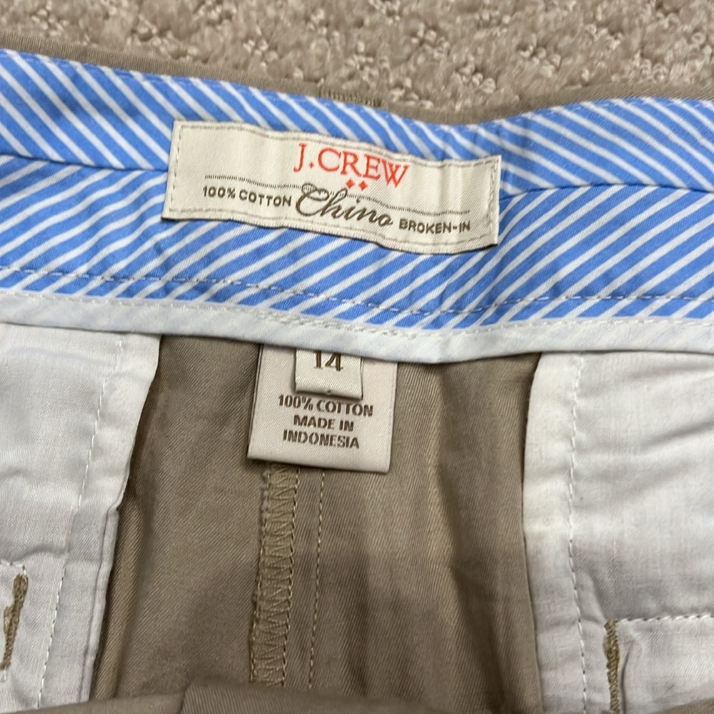 2 pairs J. Crew Chino shorts, 1 tan/1 blue, sz.14, tan - worn 1x, blue - worn 0x - Picture 2 of 7